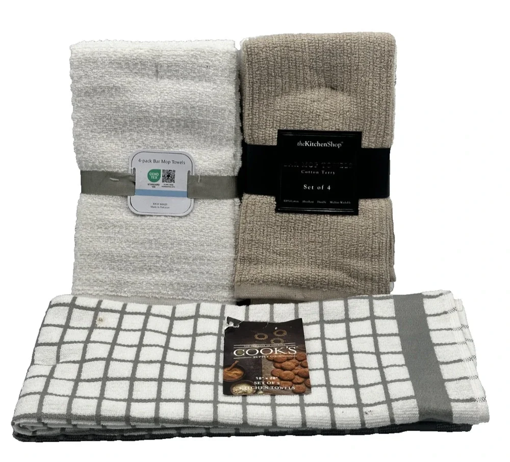 10 Pc Towel Bundle- 8 Cotton Bar Mop Towels 16x19 & 2 Kitchen Dish Towels 18x28